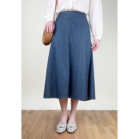 Vintage Dresses & Skirts - Vintage A-line Drop Waist Midi Skirt Full Denim Jean Coastal Cowgirl Westerncore